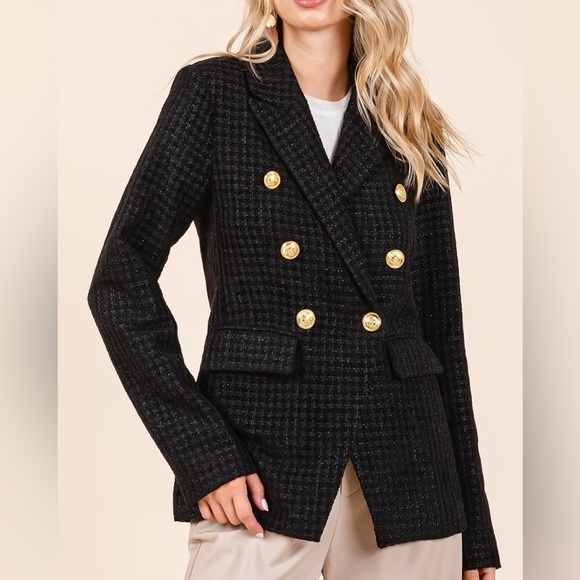NWT Mittoshop Black Plaid Chunky Textured Double Breasted Long Sleeve Blazer - Picture 2 of 6